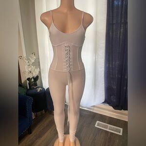 SJL Apparel New white Ribbed jumpsuit Winter pants Stretch bodysuit Large